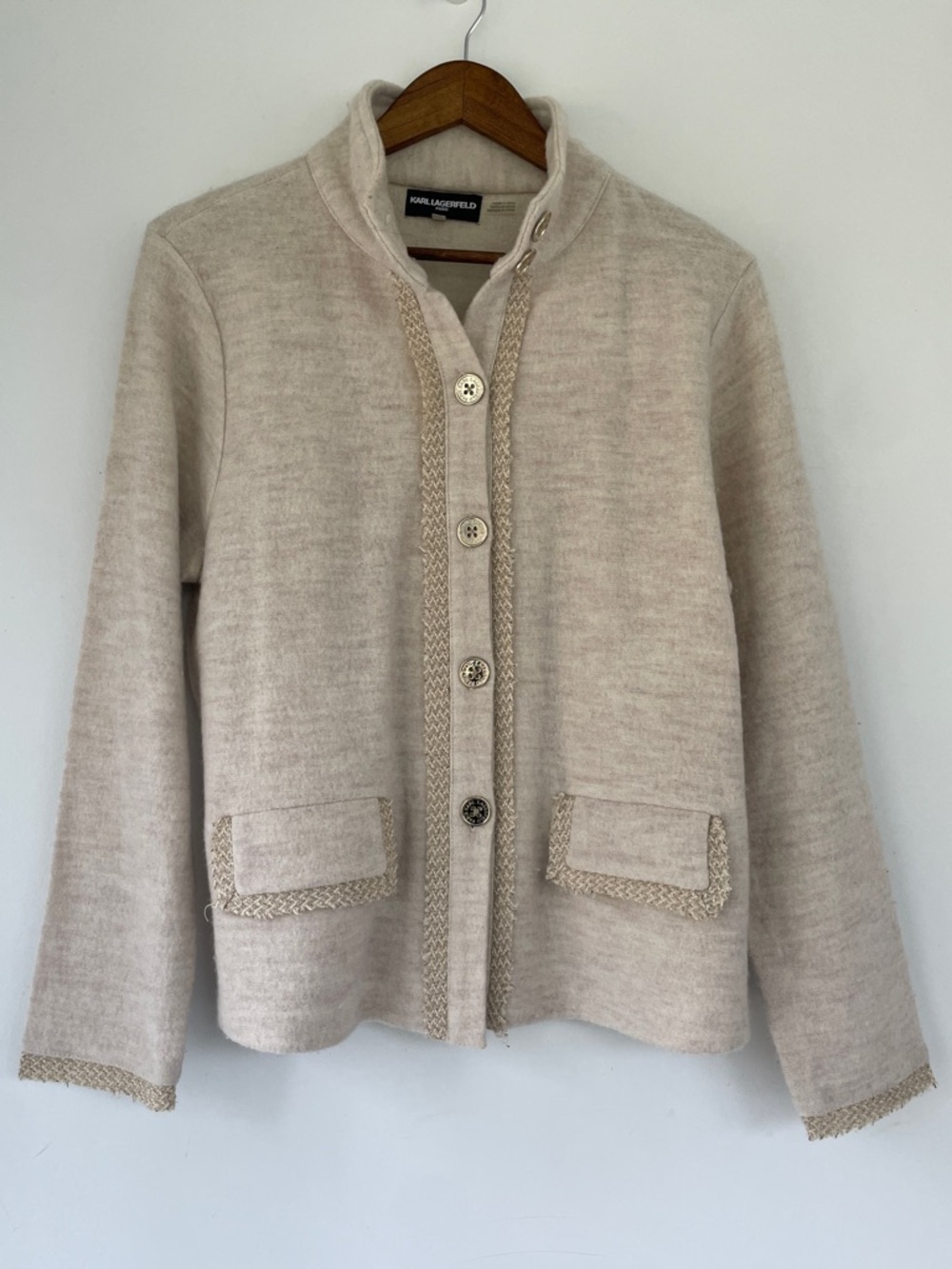 Karl Lagerfeld Cream Braided-Trim Button Front Cardigan